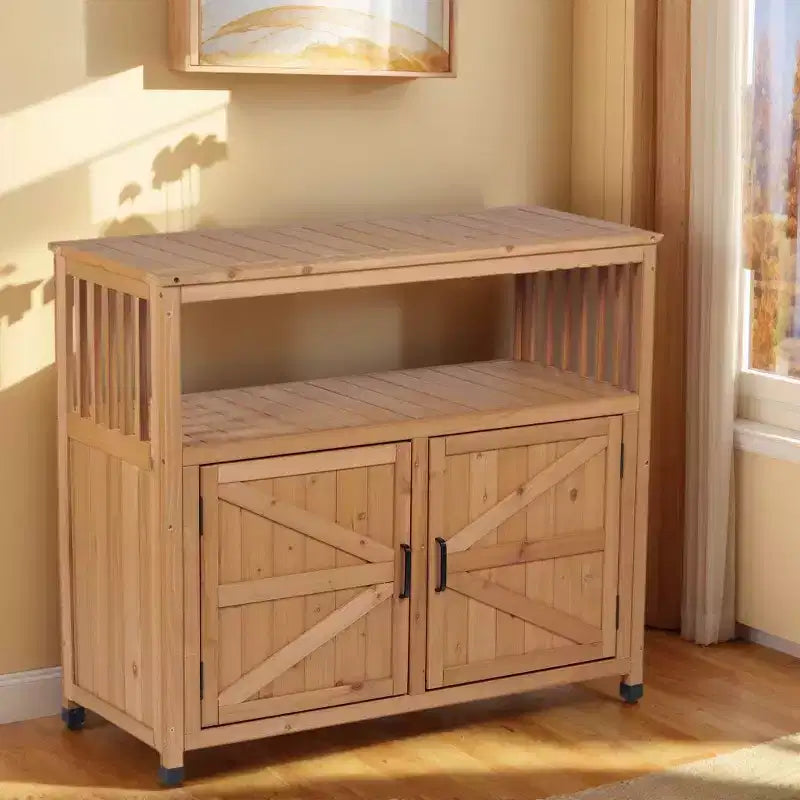 Meuble de rangement Okak avec établi de jardinage, meuble de cuisine avec 2 portes et 2 étagères, meuble bas pour salon, salle à manger, cuisine