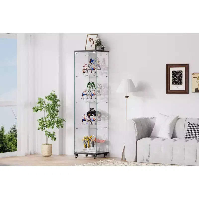 Meuble vitrine Okak, armoire de rangement à 4 niveaux avec 1 porte et roulettes, meuble autoportant pour salon, couloir et bureau
