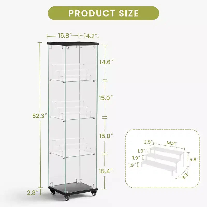 Meuble vitrine Okak, armoire de rangement à 4 niveaux avec 1 porte et roulettes, meuble autoportant pour salon, couloir et bureau