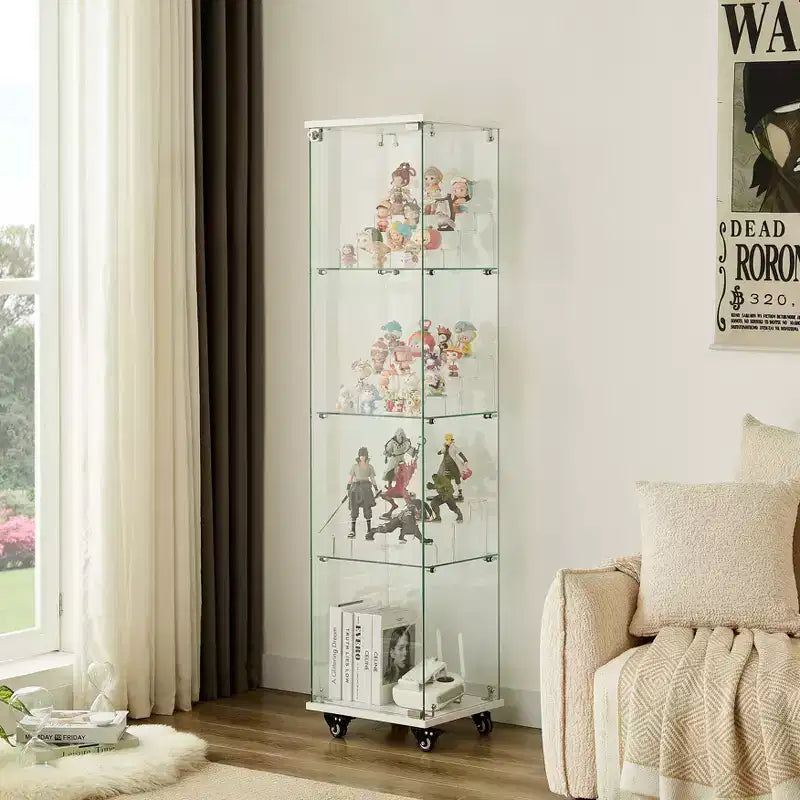 Meuble vitrine Okak, armoire de rangement à 4 niveaux avec 1 porte et roulettes, meuble autoportant pour salon, couloir et bureau