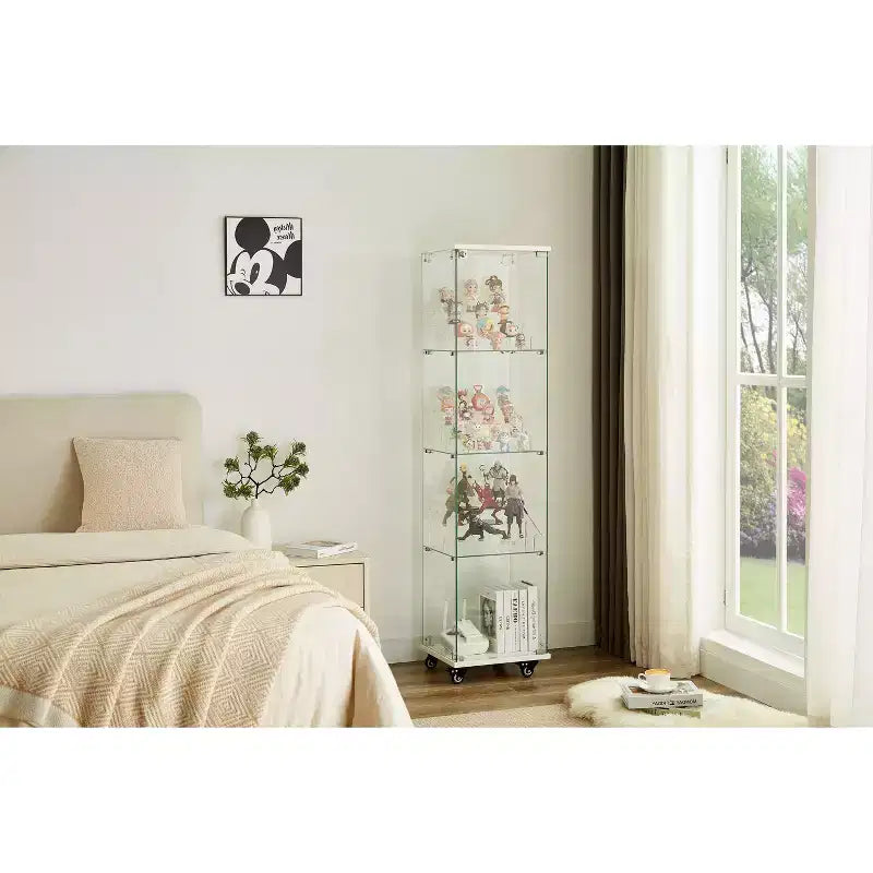 Meuble vitrine Okak, armoire de rangement à 4 niveaux avec 1 porte et roulettes, meuble autoportant pour salon, couloir et bureau