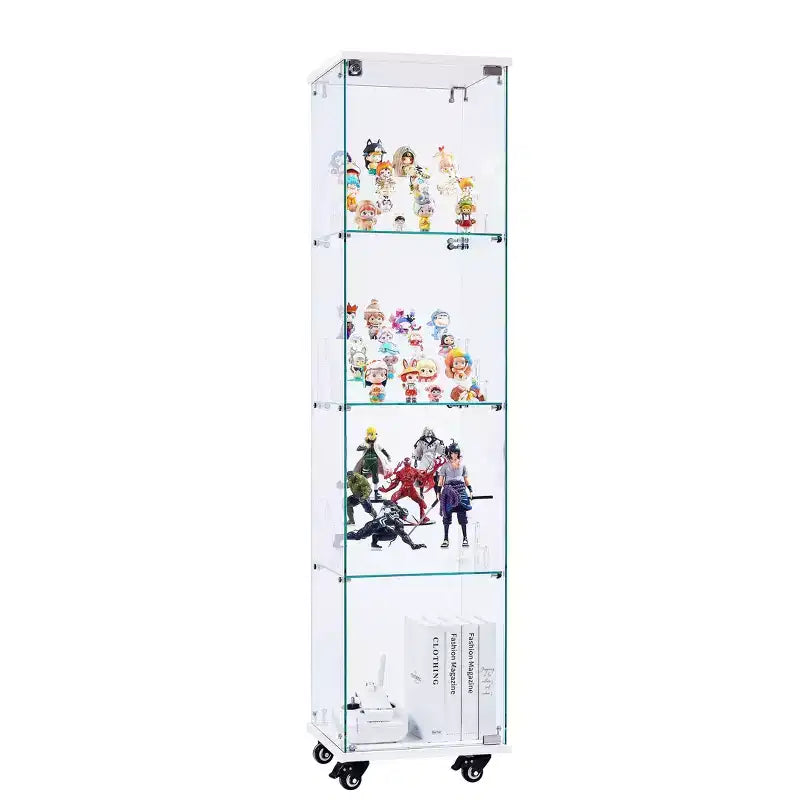 Meuble vitrine Okak, armoire de rangement à 4 niveaux avec 1 porte et roulettes, meuble autoportant pour salon, couloir et bureau