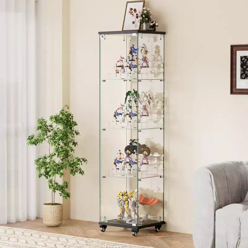 Meuble vitrine Okak, armoire de rangement à 4 niveaux avec 1 porte et roulettes, meuble autoportant pour salon, couloir et bureau