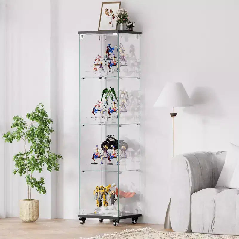 Meuble vitrine Okak, armoire de rangement à 4 niveaux avec 1 porte et roulettes, meuble autoportant pour salon, couloir et bureau