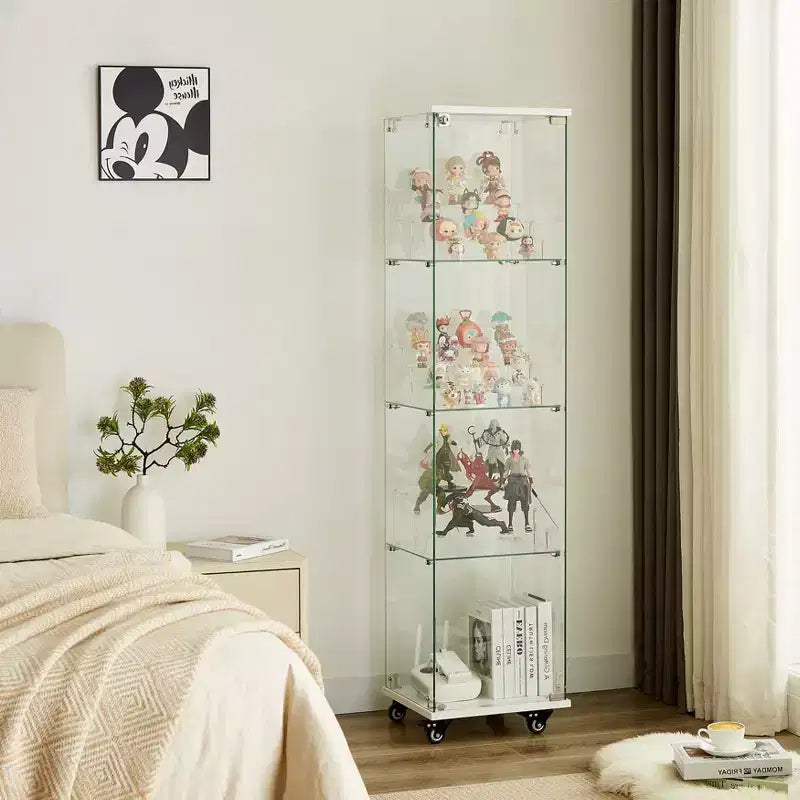 Meuble vitrine Okak, armoire de rangement à 4 niveaux avec 1 porte et roulettes, meuble autoportant pour salon, couloir et bureau