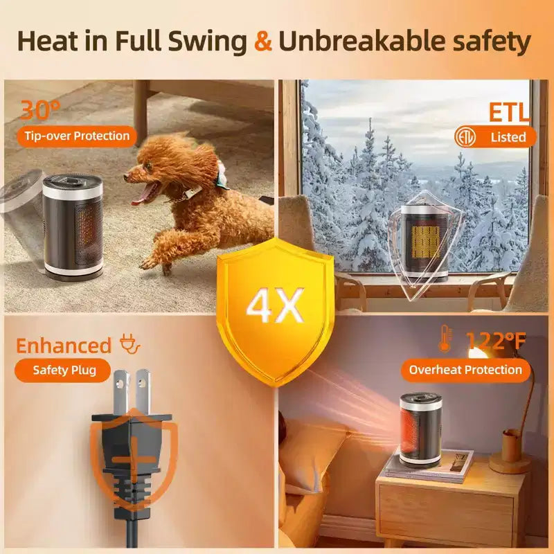 Chauffage d'appoint en céramique portable 1500W avec thermostat réglable, protection contre le basculement et la surchauffe, usage intérieur silencieux, chauffage pour petite pièce/bureau.