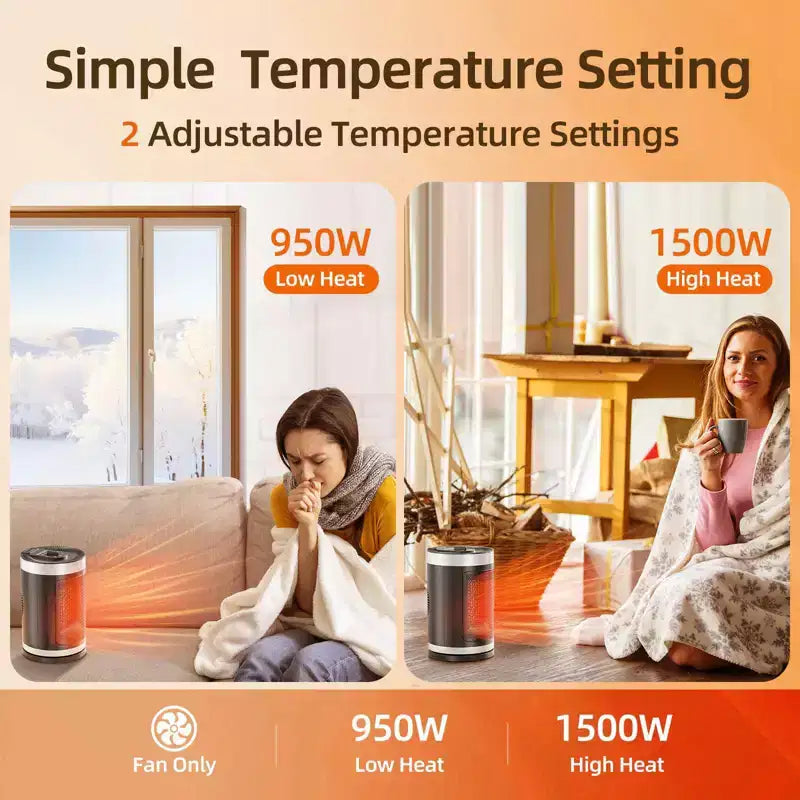 Chauffage d'appoint en céramique portable 1500W avec thermostat réglable, protection contre le basculement et la surchauffe, usage intérieur silencieux, chauffage pour petite pièce/bureau.