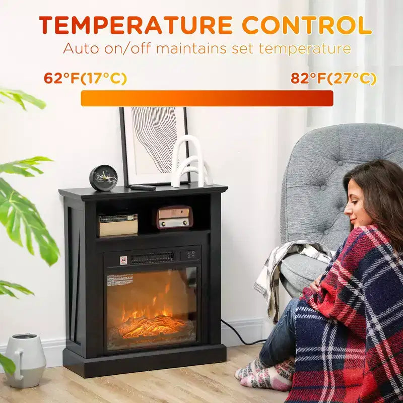 Foyer électrique sur pied de 27 po avec manteau, radiateur encastrable de 1400 W, minuterie, noir