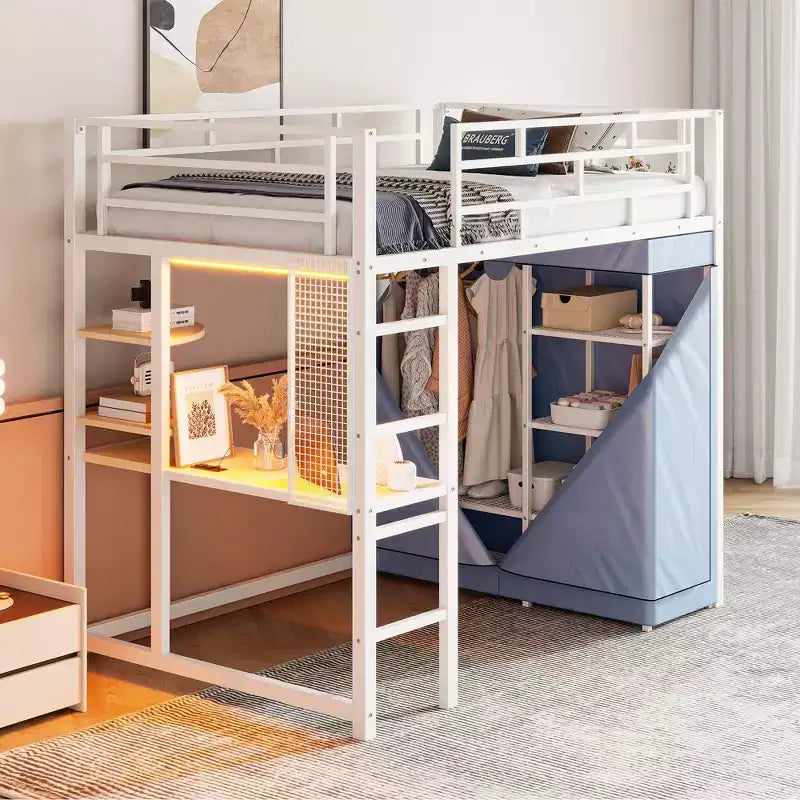 Lit mezzanine avec armoire sous le lit et rideau, cadre de lit en métal avec étagères de bureau, prise de courant et lumière LED
