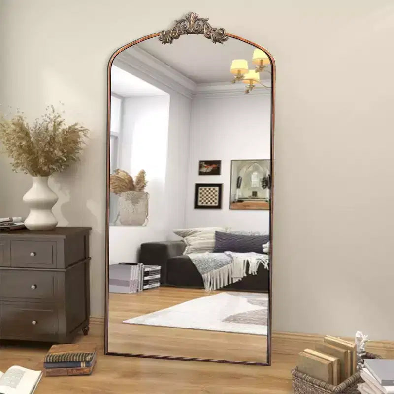 Miroir sur pied Okak 66*36/43*24 po, avec cadre en métal sculpté vintage, miroir plein pied surdimensionné, miroir arqué pour magasin de vêtements, dressing
