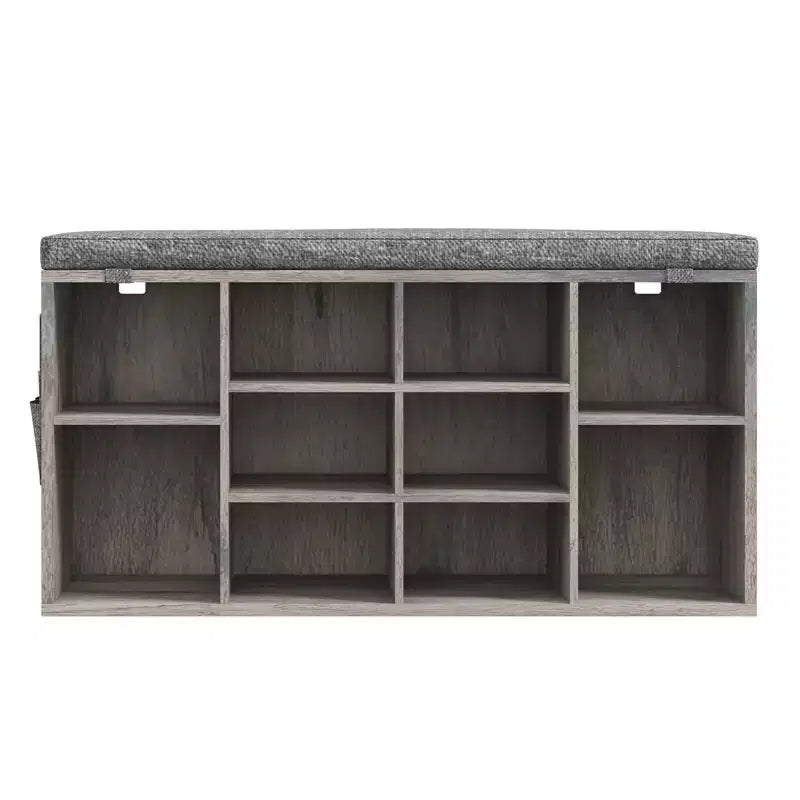 Banc à chaussures avec coussin et poches latérales, 10 compartiments, 104 cm, organisateur de chaussures d'entrée, étagère à chaussures avec étagères réglables