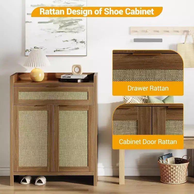 COZONY Ensemble de 2 meubles à chaussures en rotin, organisateur de rangement avec étagère réglable et tiroir, meuble d'entrée de style ferme pour couloir