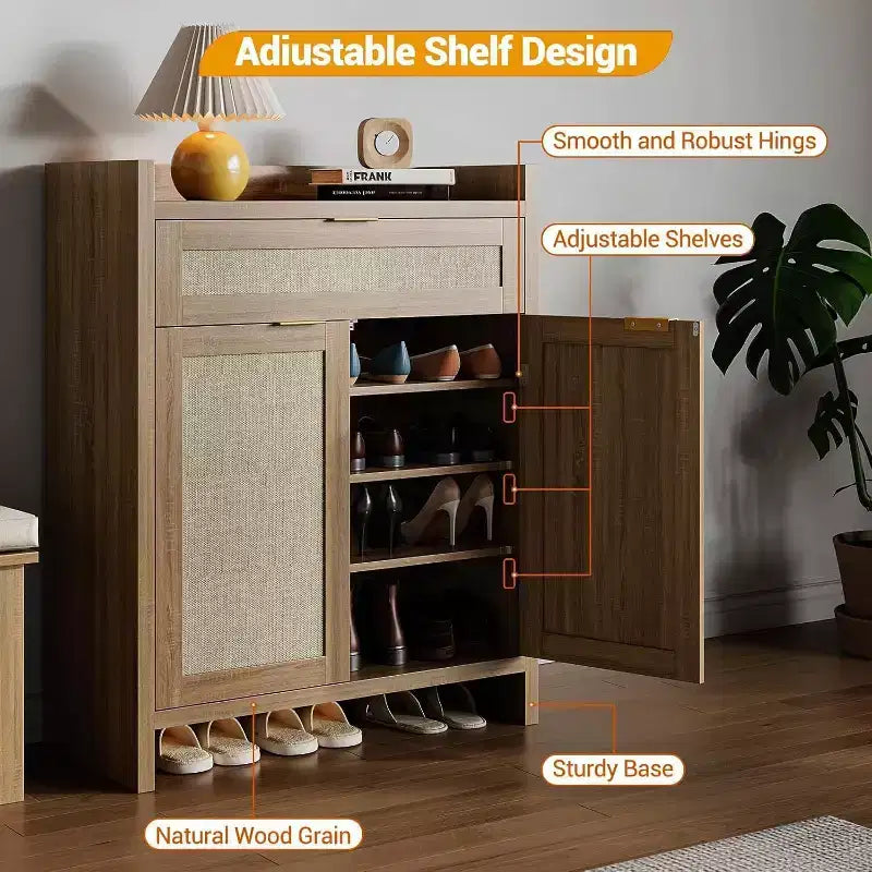 COZONY Ensemble de 2 meubles à chaussures en rotin, organisateur de rangement avec étagère réglable et tiroir, meuble d'entrée de style ferme pour couloir