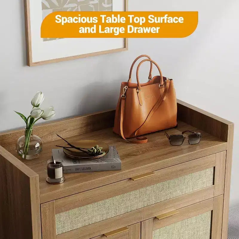 COZONY Ensemble de 2 meubles à chaussures en rotin, organisateur de rangement avec étagère réglable et tiroir, meuble d'entrée de style ferme pour couloir