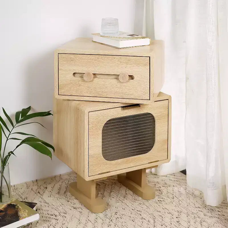 Table de chevet robot pivotante créative avec rangement, finition naturelle