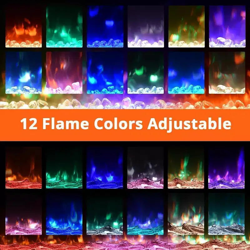 Cheminée électrique 3-en-1 noire de 60 po, autoportante/murale/encastrable avec télécommande et écran tactile, effet de flamme 12 couleurs, chauffage 900 W/1800 W (bûches et cristaux)
