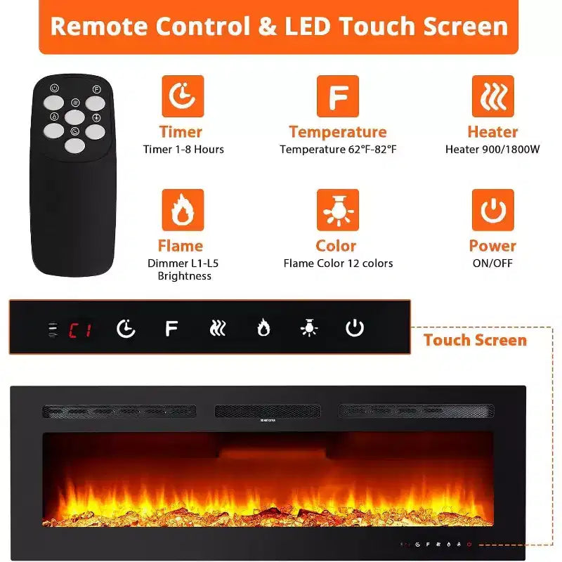 Cheminée électrique 3-en-1 noire de 60 po, autoportante/murale/encastrable avec télécommande et écran tactile, effet de flamme 12 couleurs, chauffage 900 W/1800 W (bûches et cristaux)