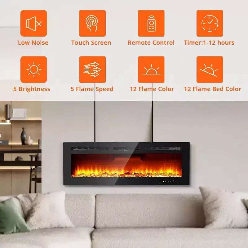 Cheminée électrique 3-en-1 noire de 60 po, autoportante/murale/encastrable avec télécommande et écran tactile, effet de flamme 12 couleurs, chauffage 900 W/1800 W (bûches et cristaux)