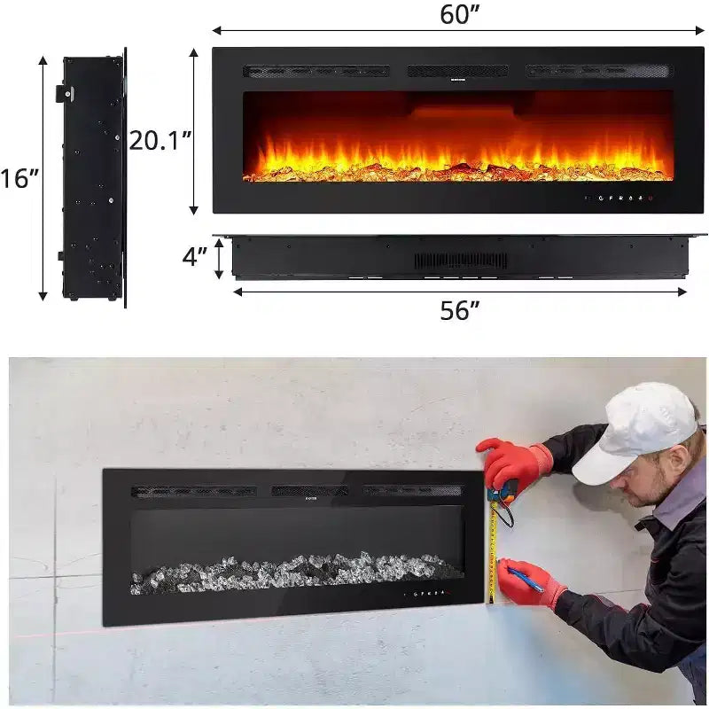 Cheminée électrique 3-en-1 noire de 60 po, autoportante/murale/encastrable avec télécommande et écran tactile, effet de flamme 12 couleurs, chauffage 900 W/1800 W (bûches et cristaux)
