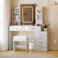 Coiffeuse moderne, Ensemble coiffeuse de maquillage avec 6 tiroirs et étagères, Coiffeuse avec tabouret pour chambre à coucher