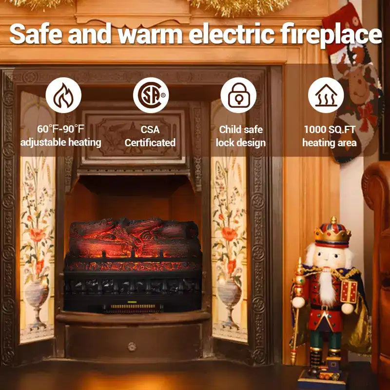 Insert de cheminée électrique noir de 20 po, 1500 W, chauffage à flamme LED réaliste pour usage intérieur (autonome, 1 pièce)