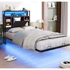 Cadre de lit flottant VINGLI avec lumières LED, station de charge, rangement caché et tête de lit en velours. Aucun sommier tapissier requis, montage facile