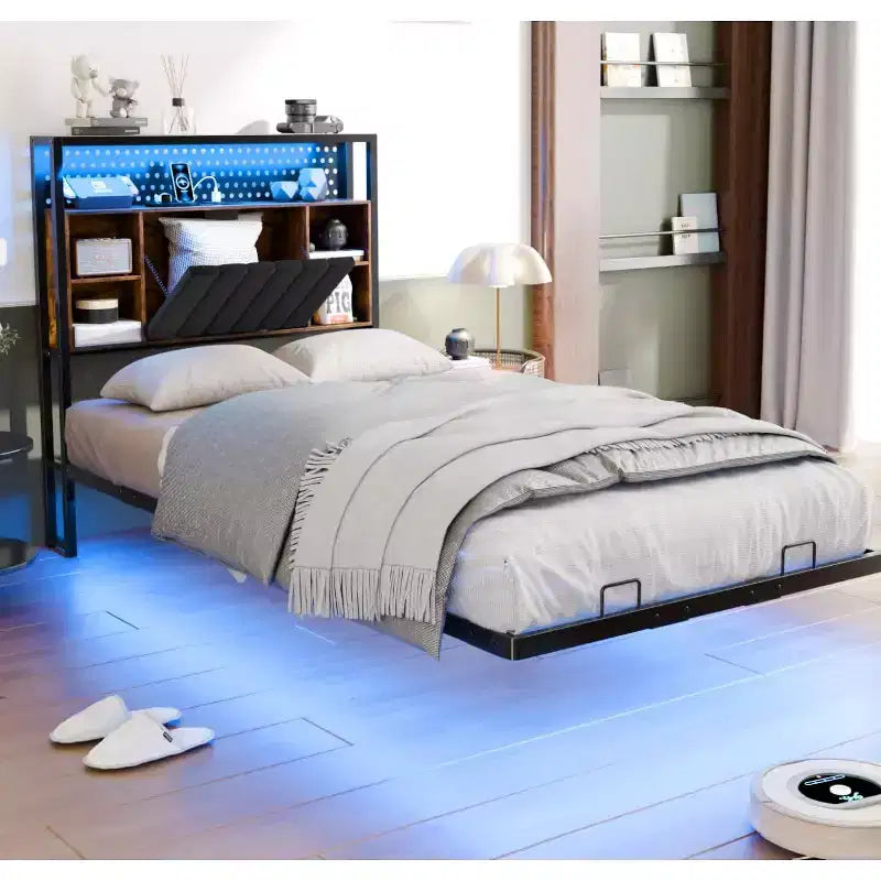 Cadre de lit flottant VINGLI avec lumières LED, station de charge, rangement caché et tête de lit en velours. Aucun sommier tapissier requis, montage facile