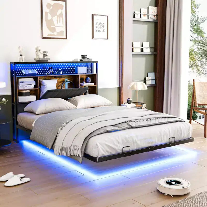 Cadre de lit flottant VINGLI avec lumières LED, station de charge, rangement caché et tête de lit en velours. Aucun sommier tapissier requis, montage facile