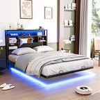 Cadre de lit flottant VINGLI avec lumières LED, station de charge, rangement caché et tête de lit en velours. Aucun sommier tapissier requis, montage facile