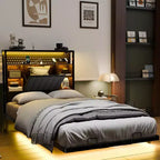 Cadre de lit flottant VINGLI avec lumières LED, station de charge, rangement caché et tête de lit en velours. Aucun sommier tapissier requis, montage facile