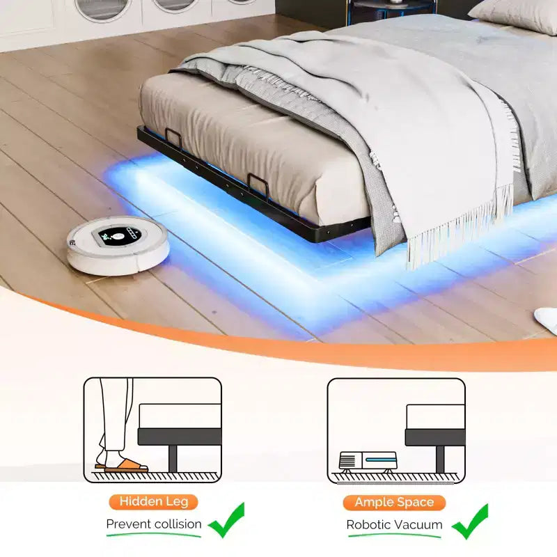 Cadre de lit flottant VINGLI avec lumières LED, station de charge, rangement caché et tête de lit en velours. Aucun sommier tapissier requis, montage facile