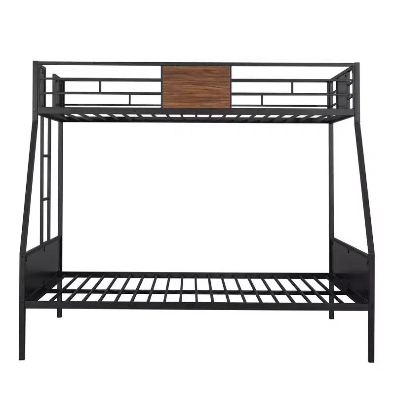 Lit superposé en métal double sur intégral avec motif grain de bois, Cadre de lits superposés en métal avec rail de sécurité pour enfants et adultes, Marron