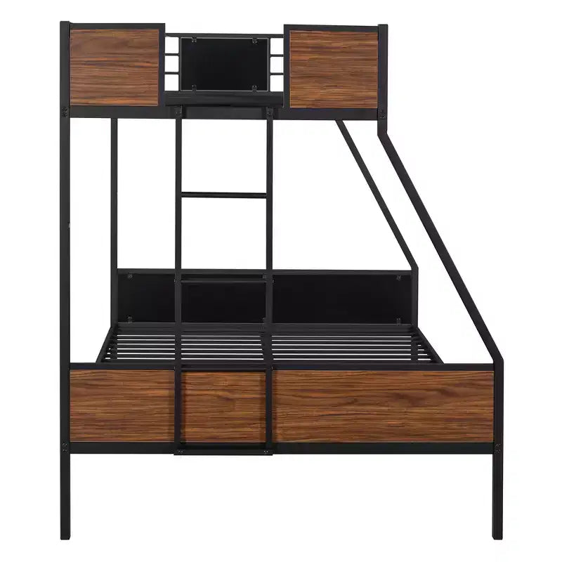 Lit superposé en métal double sur intégral avec motif grain de bois, Cadre de lits superposés en métal avec rail de sécurité pour enfants et adultes, Marron