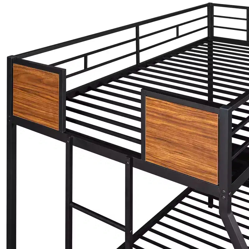 Lit superposé en métal double sur intégral avec motif grain de bois, Cadre de lits superposés en métal avec rail de sécurité pour enfants et adultes, Marron
