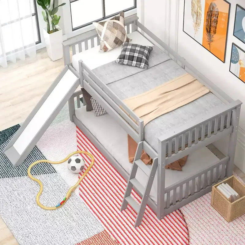 Lits superposés pour enfants, lit superposé jumeau sur jumeau avec toboggan convertible, cadre de lit superposé bas en bois pour tout-petits et adolescents
