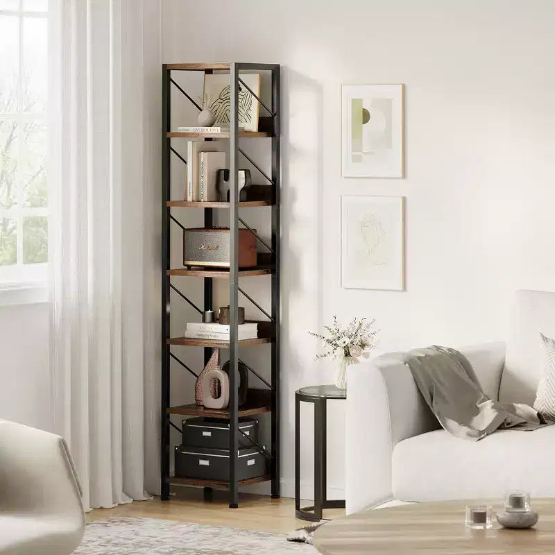 Étagère étroite à 6 niveaux, Bibliothèque haute et mince, Étagère d'angle rustique, Petites étagères, Bibliothèque industrielle pour chambre, salon, bureau à domicile