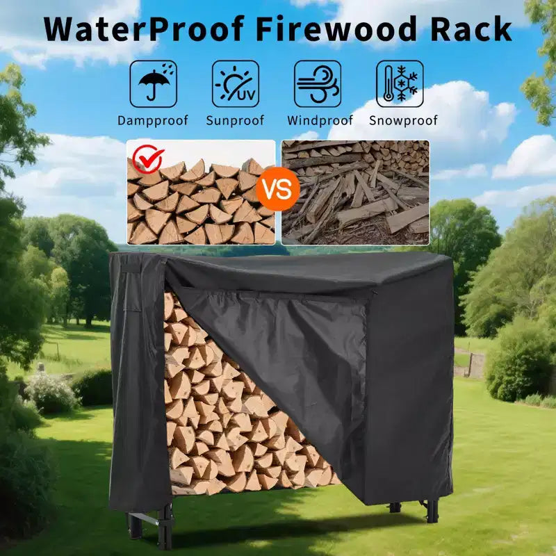 Support de bûches de 2,4 m pour l'extérieur et l'intérieur, Organisateur de bois de chauffage robuste avec housse résistante aux intempéries, Rangement en treillis d'acier pour cheminée, patio