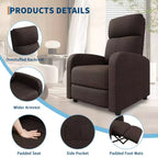 Fauteuil inclinable pour adultes, canapé simple réglable, avec poche latérale, dossier haut, accoudoirs larges et siège rembourré, pour salon