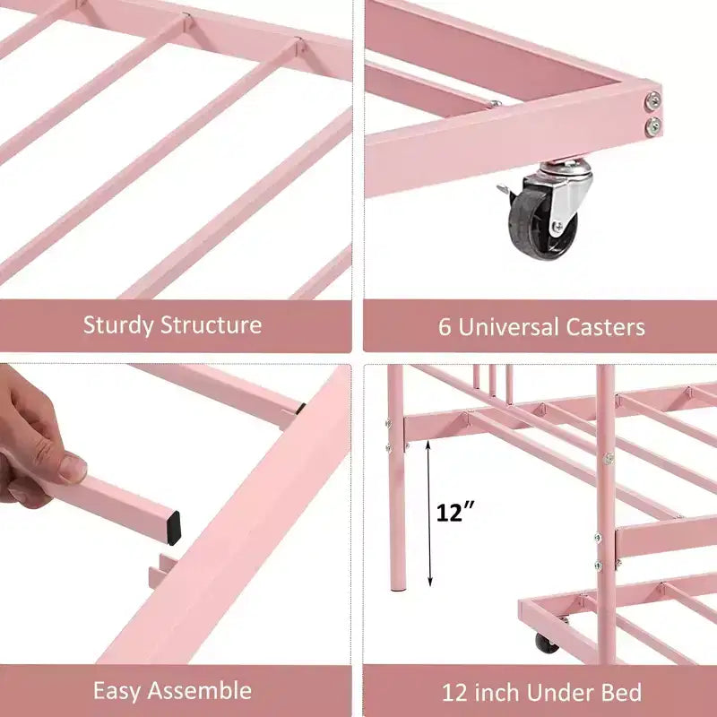 Lit de repos double en métal avec lit gigogne, cadre de lit de repos double avec lit gigogne extractible à 6 roulettes, support à lattes en acier pour canapé-lit d'appoint pour salon, chambre à coucher, appartement.