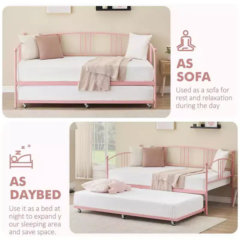 Lit de repos double en métal avec lit gigogne, cadre de lit de repos double avec lit gigogne extractible à 6 roulettes, support à lattes en acier pour canapé-lit d'appoint pour salon, chambre à coucher, appartement.