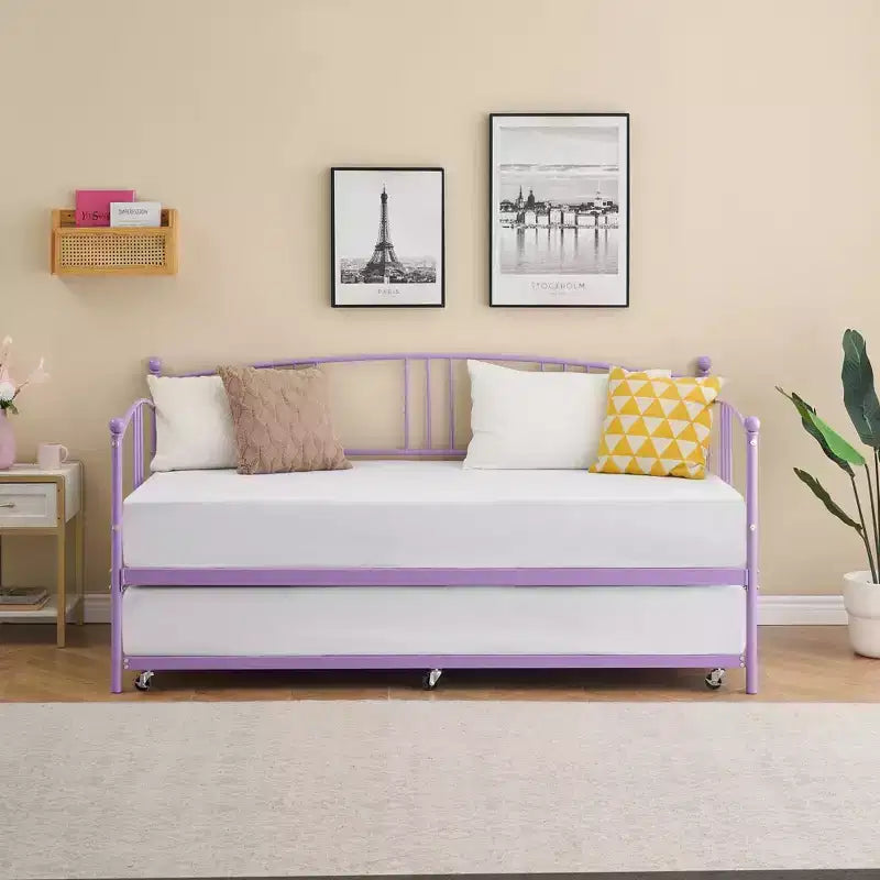 Lit de repos double en métal avec lit gigogne, cadre de lit de repos double avec lit gigogne extractible à 6 roulettes, support à lattes en acier pour canapé-lit d'appoint pour salon, chambre à coucher, appartement.