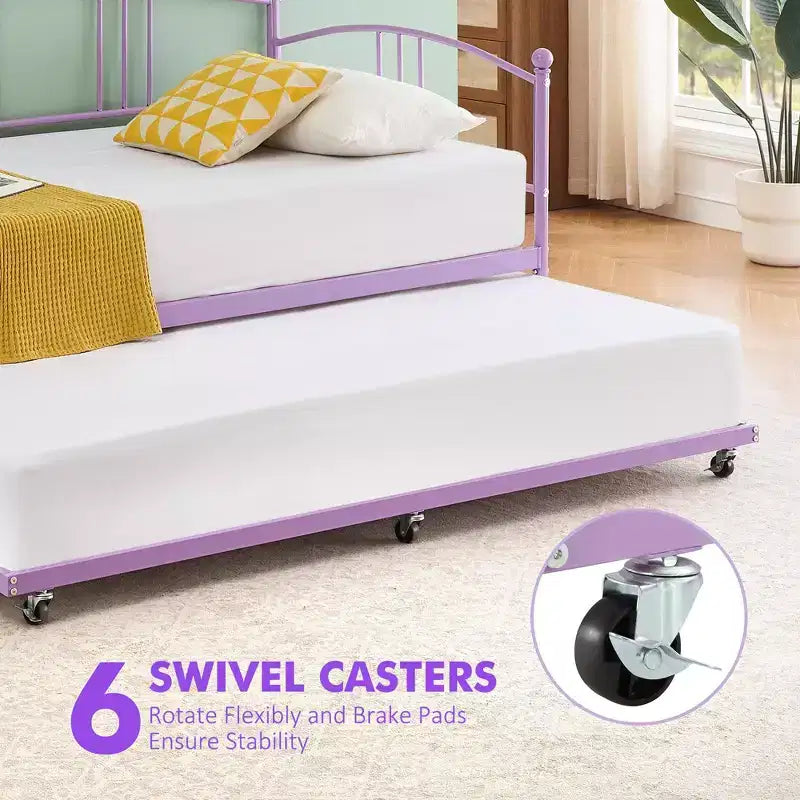 Lit de repos double en métal avec lit gigogne, cadre de lit de repos double avec lit gigogne extractible à 6 roulettes, support à lattes en acier pour canapé-lit d'appoint pour salon, chambre à coucher, appartement.
