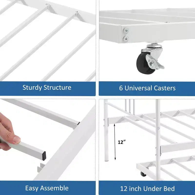 Lit de repos double en métal avec lit gigogne, cadre de lit de repos double avec lit gigogne extractible à 6 roulettes, support à lattes en acier pour canapé-lit d'appoint pour salon, chambre à coucher, appartement.