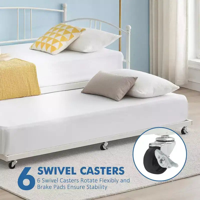 Lit de repos double en métal avec lit gigogne, cadre de lit de repos double avec lit gigogne extractible à 6 roulettes, support à lattes en acier pour canapé-lit d'appoint pour salon, chambre à coucher, appartement.