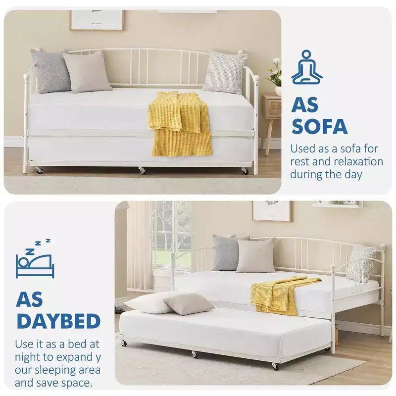 Lit de repos double en métal avec lit gigogne, cadre de lit de repos double avec lit gigogne extractible à 6 roulettes, support à lattes en acier pour canapé-lit d'appoint pour salon, chambre à coucher, appartement.