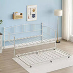Lit de repos double en métal avec lit gigogne, cadre de lit de repos double avec lit gigogne extractible à 6 roulettes, support à lattes en acier pour canapé-lit d'appoint pour salon, chambre à coucher, appartement.