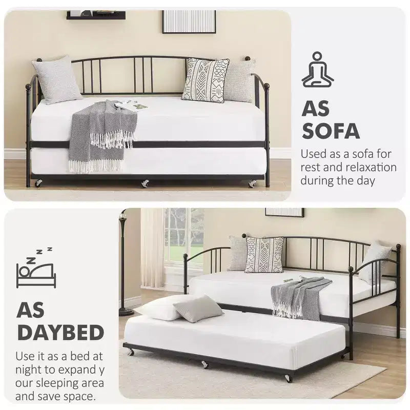 Lit de repos double en métal avec lit gigogne, cadre de lit de repos double avec lit gigogne extractible à 6 roulettes, support à lattes en acier pour canapé-lit d'appoint pour salon, chambre à coucher, appartement.