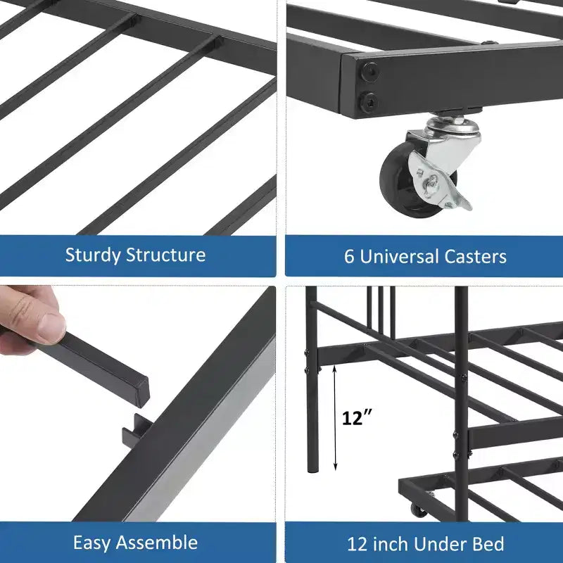 Lit de repos double en métal avec lit gigogne, cadre de lit de repos double avec lit gigogne extractible à 6 roulettes, support à lattes en acier pour canapé-lit d'appoint pour salon, chambre à coucher, appartement.