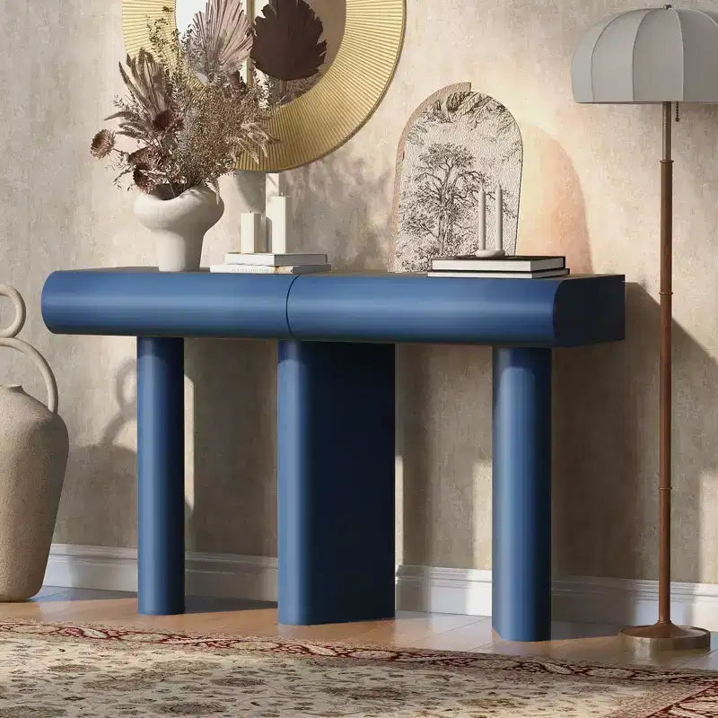 Table d'entrée étroite moderne avec tiroir incurvé et pied géométrique, console gain de place pour couloir, salon, chambre, petits appartements, hall d'entrée