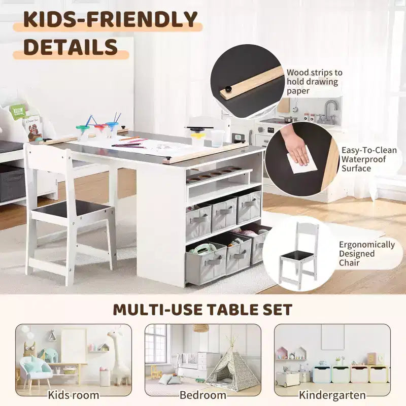 Table et chaise d'art pour enfants 4 en 1 GustoWave, grand bureau de loisirs avec rangement portable pour fournitures artistiques, table d'activités et d'étude pour enfants